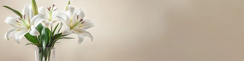 Fototapeta premium Elegant lily arrangement in a glass vase against a neutral background, capturing soft shadows and delicate lighting. This serene floral display emphasizes the beauty of white lilies, showcasing their 