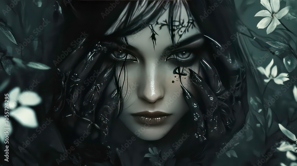 Poster a mysterious figure with dark features and floral elements, evoking intrigue and emotion.