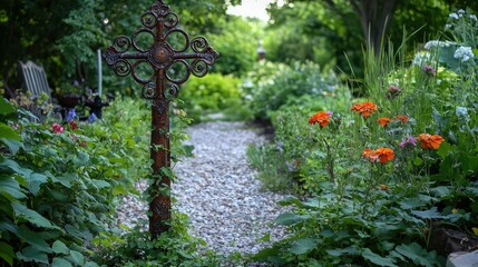 Ornate Metal Cross Adorned with Vines and Flowers