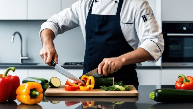 Chef preparing fresh vegetables: A close-up shot of a chef expertly chopping colorful vegetables on a wooden cutting board in a modern kitchen