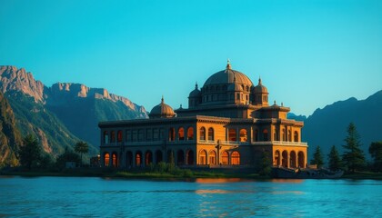 Majestic heritage building by serene waters