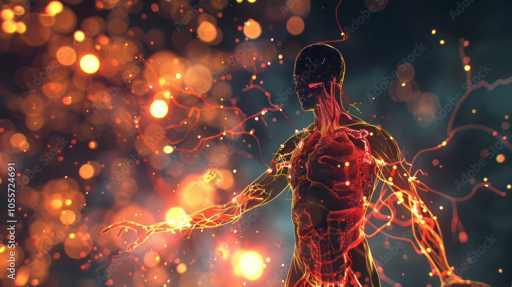 Poster vibrant illustration of human body showcasing circulatory system and neural pathways, surrounded by 