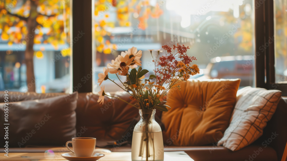 Aufkleber vase of flowers sits on table by window, creating warm and inviting atmosphere. sunlight filters thr