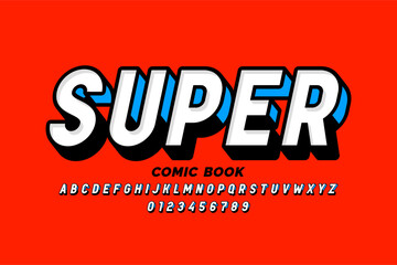 Super. Comic book style font design, alphabet letters and numbers vector illustration