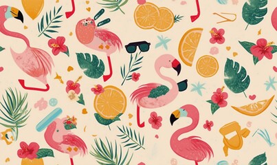 Tropical Flamingo Pattern with Fruits and Florals
