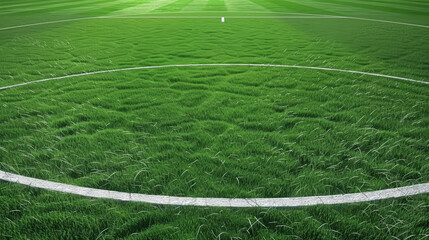 Obraz premium Close up of football field center circle with vibrant green grass, showcasing texture and patterns of turf. scene evokes sense of excitement and anticipation for game ahead