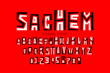 Sachem. Tribal ethnic style font design, alphabet letters and numbers, vector illustration