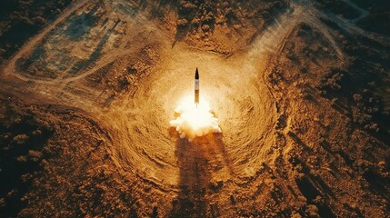 Aerial View of Rocket Launch in Desert Landscape
