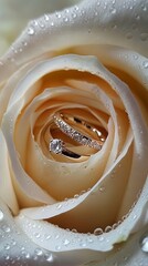 Fototapeta premium Close-up of Wedding Rings Inside a White Rose with Dewdrops