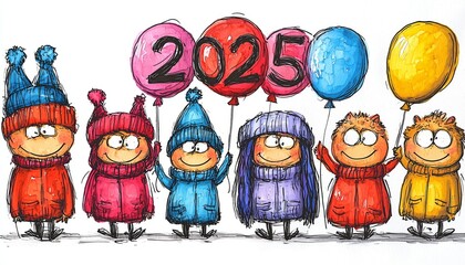 Adorable kids in cozy winter clothing joyfully holding bright balloons to welcome the new year 2025.