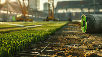 Football field under construction with grass partially laid, showcasing machinery and tools in vibrant setting. scene captures essence of progress and development