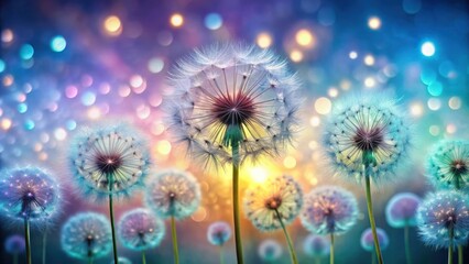 Iridescent Tranquility Dandelion Dance in Calming Hues Spectacle Stock Photo