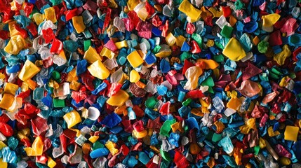 A close-up view of colorful plastic granules,  representing recycling and the reuse of materials.