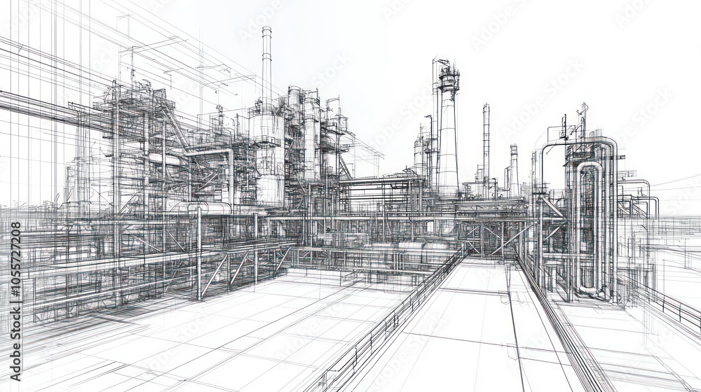 Aufkleber a wireframe representation of an industrial facility showcasing complex structures.