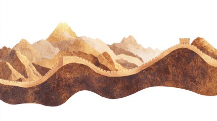 Obraz premium Iconic Great Wall of China in earthy tones, winding through mountains, symbolizing heritage, isolated on white