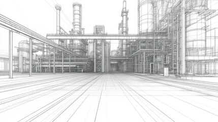 A wireframe illustration of an industrial facility, showcasing structural elements and layout.