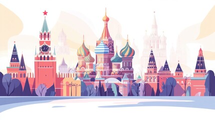 Iconic Red Square with St. Basil Cathedral in rich, colorful tones, showcasing Russian architecture, isolated on white