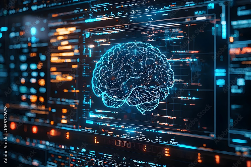 Aufkleber futuristic digital brain with data overlays and graphs