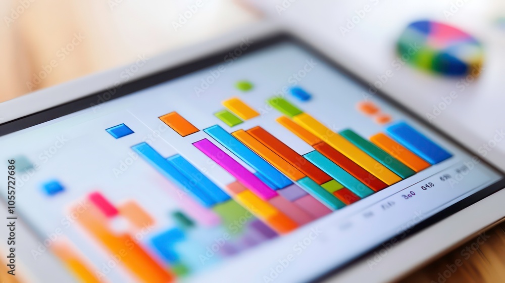 Poster A tablet displaying colorful bar graphs for data analysis.