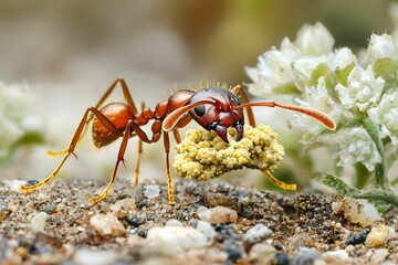 Naklejka premium Ant foraging for food near small flowers on a sandy surface