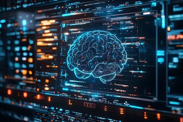Futuristic digital brain with data overlays and graphs