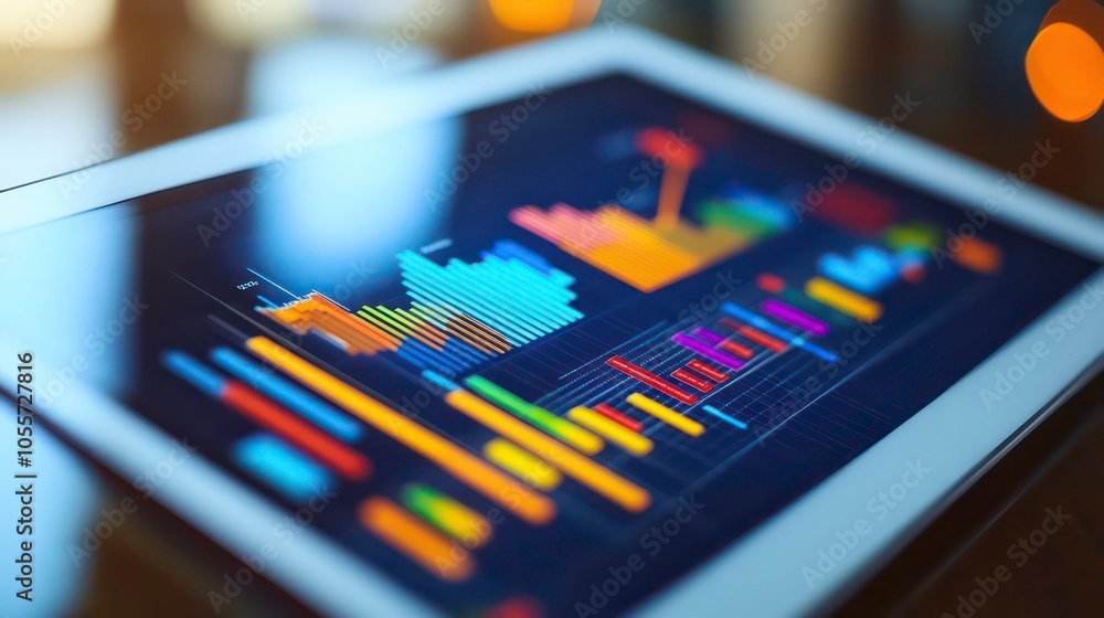 Poster A digital tablet displaying colorful data visualizations and graphs for analysis.