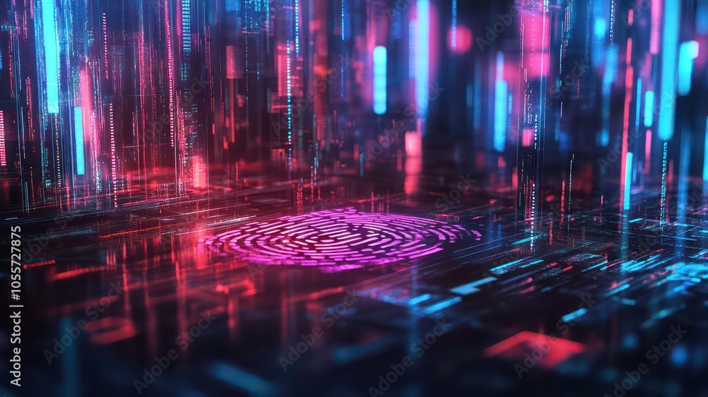 Poster Abstract digital landscape with a fingerprint pattern, symbolizing data security and technology.
