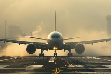 Naklejka premium Big passenger airplane taxiing on the runway during sunset
