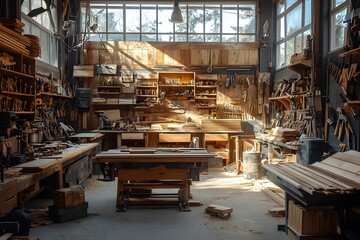 A sunlit woodworking shop filled with tools and materials in autumn