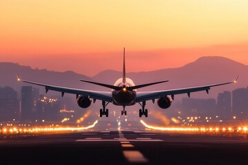 Airplane landing at sunset with illuminated runway lights, dramatic sky.