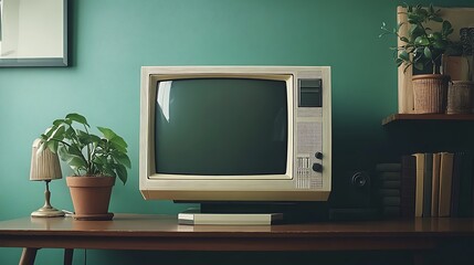 Retro computer monitor with a thick frame and pixel-perfect screen displayed on a sleek, modern...