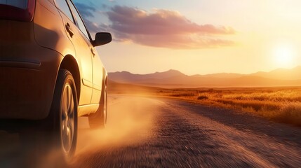Car driving on a dusty road during sunset with scenic mountains in the background.