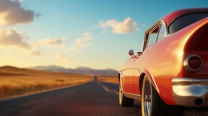 Obraz premium Classic car parked on a road with scenic sunset in the background.