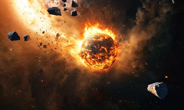 Exploding planet in a cosmic scene with fiery elements.