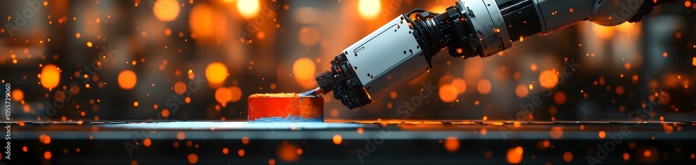 Poster a robotic arm applying paint on a circular object in a vibrant industrial setting.