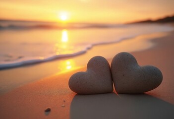 Fototapeta premium Two heart-shaped stones on a serene beach at sunset, reflecting soft golden hues