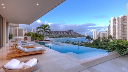 Rooftop with Infinity Pool and Ocean View: A penthouse rooftop featuring an infinity pool blending with the horizon, overlooking the ocean, with modern chaise lounges and glass railings for an open