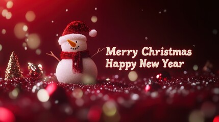 A soft, glowing "Merry Christmas" & "Happy New Year" on a dark red backdrop with floating snowflakes.
