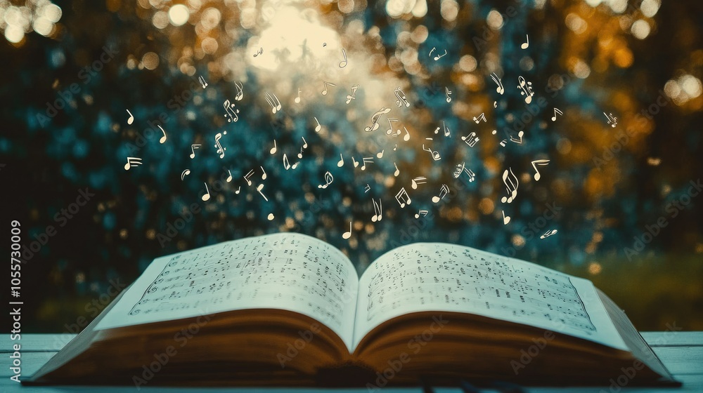 Poster a white table with an open book, from which musical symbols float into the sky, representing the bea