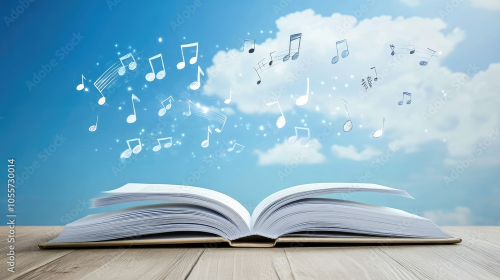 Aufkleber a white table with an open book, from which musical symbols float into the sky, representing the bea