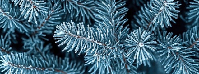 Background with texture of fir branches covered with frost.