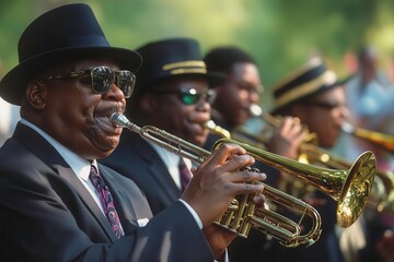 Obraz premium Musicians playing trumpets, wearing hats and sunglasses in a lively performance.