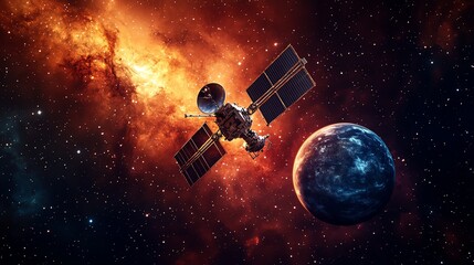 Satellite orbiting planet in cosmic space