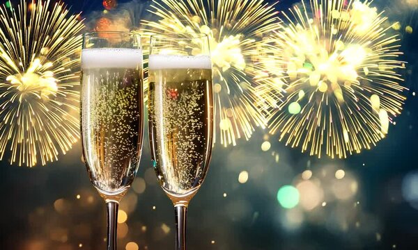 two glasses champagne on new year firework background animation