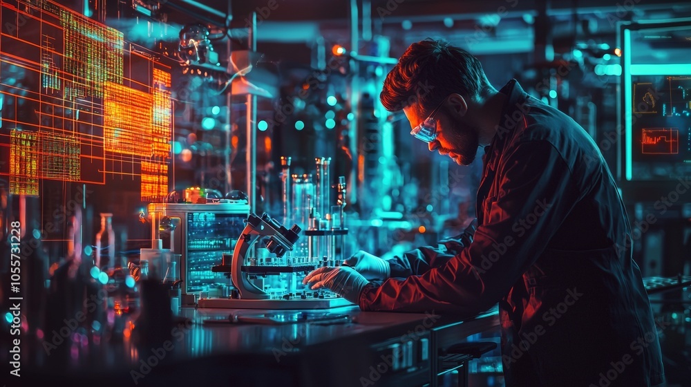 Aufkleber scientist working in a high-tech laboratory with futuristic data overlay