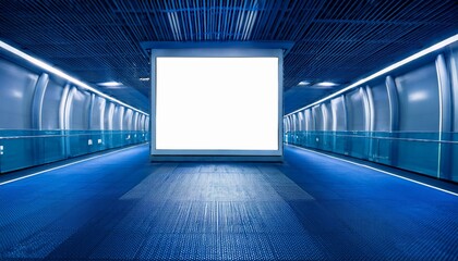 Blank digital signage in a futuristic blue hallway.