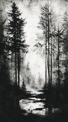 Obraz premium Charcoal Sketch of Mystical Forest Landscape