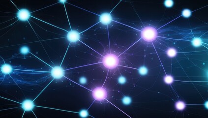 Fototapeta premium Abstract network visualization with glowing blue and purple nodes connected by luminous lines on dark background. Futuristic digital technology concept