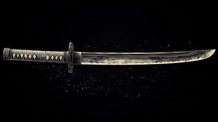 Intricate japanese sword katana and wakizashi sketch engraving art