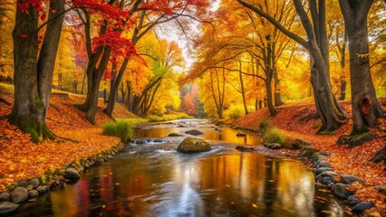 Obraz premium Autumn Stream Flowing Through Vibrant Fall Foliage - Vintage Style Photography